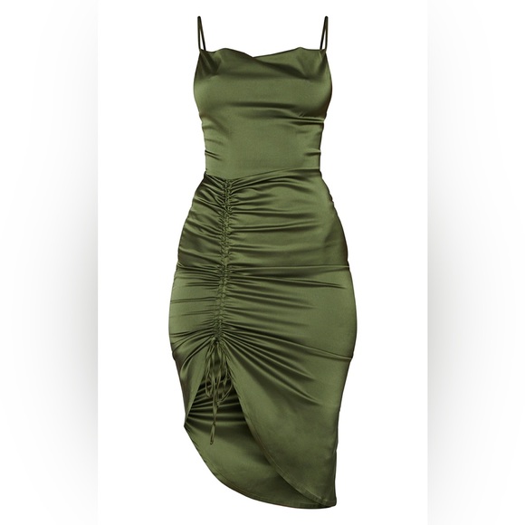 Brand new PLT Green Satin Strappy Ruched Side Midi Dress - Picture 3 of 3